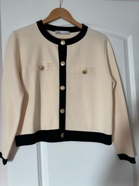 Zara Cream Cardigan with Black Trim and Gold Buttons